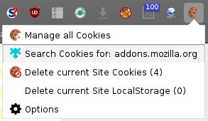 Contextual menu on Firefox. Delete cookies except protected ones, with 2 clicks at anytime from the website you are viewing.