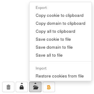 Easily export & restore one or multiple cookies. Supported formats are JSON format, similar to the old CookieManager+ addon, and Netscape format for wget/curl GNU tools.