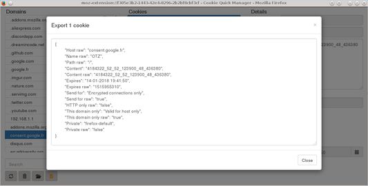 A JSON data corresponding to a cookie.