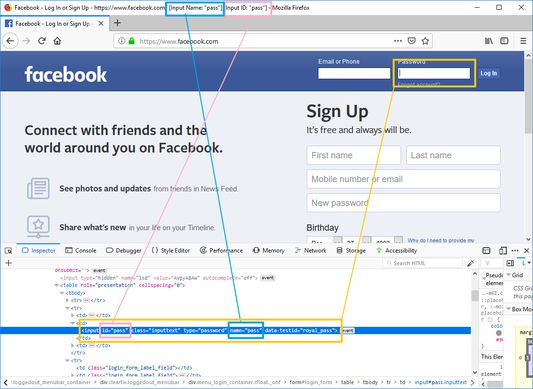 The Facebook logon screen showing that the URL is added to the title, as well as the 