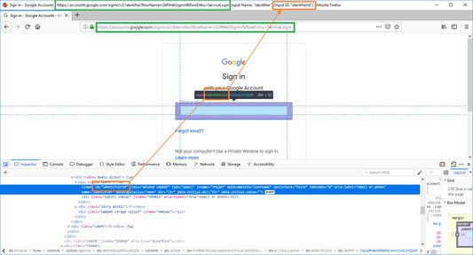Google login page showing the full URL as well as field attributes