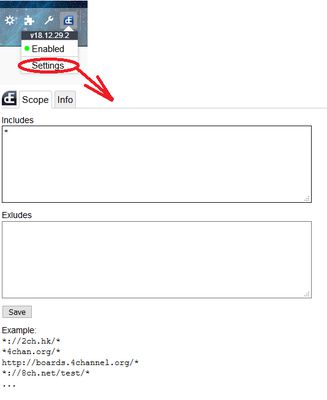 Dollchan settings where you can limit the working scope of Dollchan with your custom addresses.