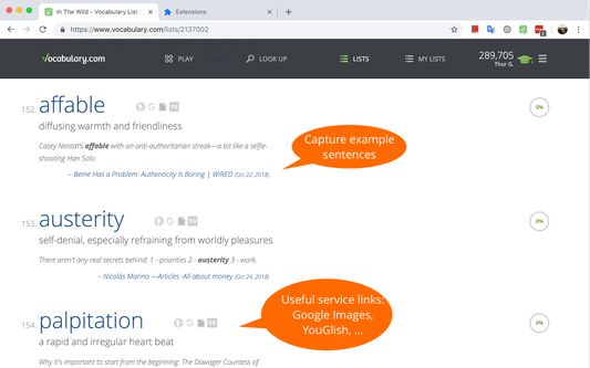 The extension automatically caputers sentences containing the added words from web pages.