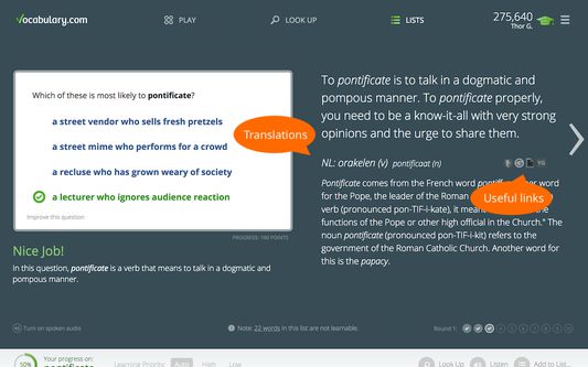 Show translations and useful links in the word learning game.