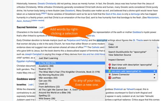 Add selected words from any webpage to one of your lists.