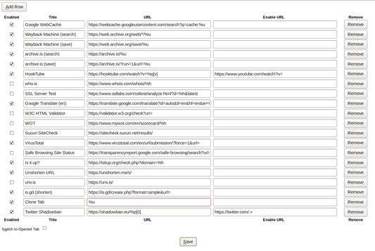 Options page.