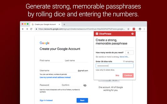 Generate strong, memorable passphrases by rolling dice and entering the numbers.