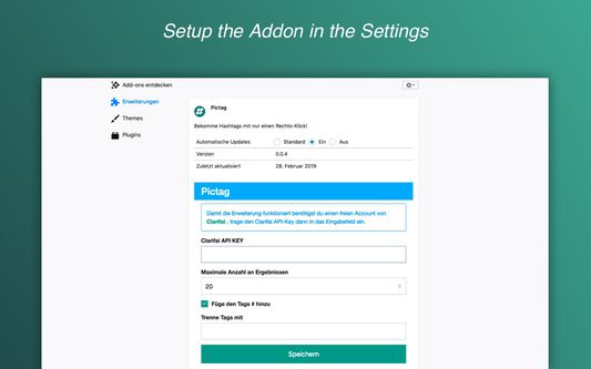 The Addon-Settings where Pictag can be configured.