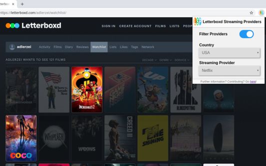 The extension popup at Letterboxd's 