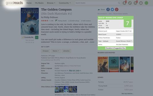 Goodreads book page, displaying Read Up book level results in the right-hand column