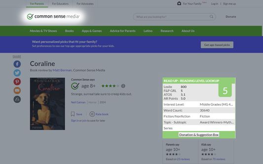 Common Sense Media book page, displaying Read Up book level results in the right-hand column
