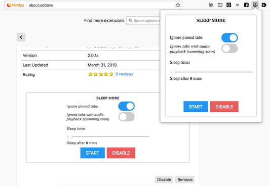 Allow setting (still alpha version)
- Ignore pinned tabs
- Ignore tabs with audio playback (Youtube, ...)
- Ignore Google Docs and Office Online Tabs
- Sleep timer: sleep mode automatically will be actived after 0-100 mins