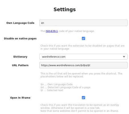 Settings page