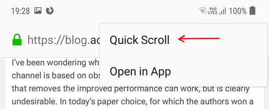 When there are too many icons on addressbar, the add-on icon may move as a text button 'Quick Scroll' in a dropdown. This is still easily accessible.