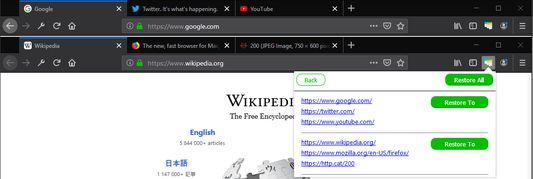 `Restore` will show a list of the saved urls, organized by window. This list remains even after the browser has been closed and reopened.