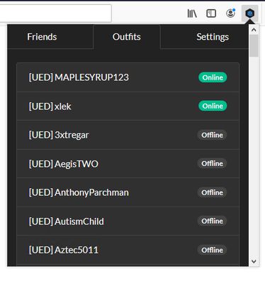 Screenshot displaying which of your outfit members are currently online