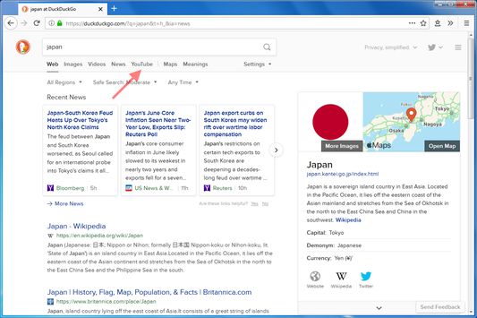 YouTube button in DuckDuckGo search
