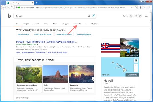 YouTube button in Bing search
