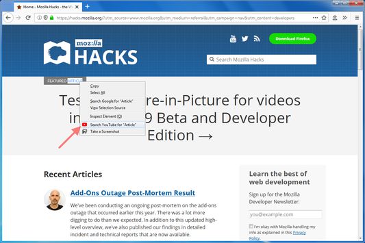 Select text and right-click YouTube context menu