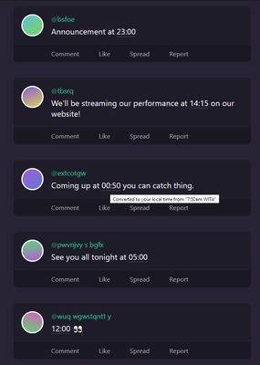 An example page showing 5 fictitious social media posts, where their times have been converted. The user is hovering their mouse over the time in the 3rd post, and the original time is being displayed.