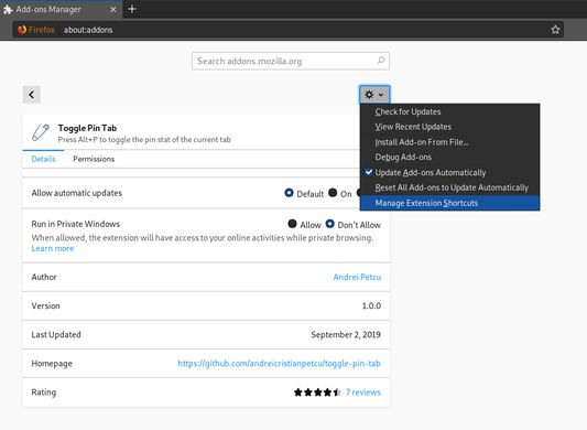 Configure keyboard shortcuts in about:addons