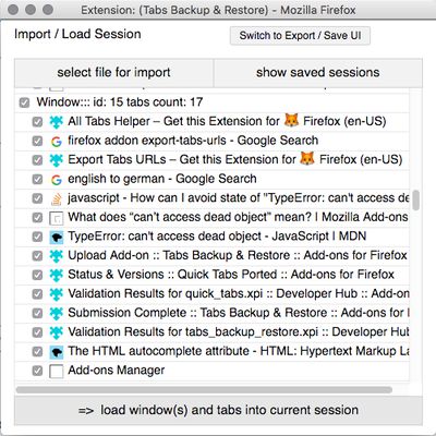 Import/Restore Session UI:   Windows and Tabs View of an auto-saved session, or a session you've chosen to import.
Click the 