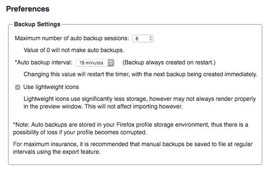 Preferences: Here you can set the frequency and number of auto-saved sessions, and use lightweight icons for auto-saved sessions, which use significantly less storage.