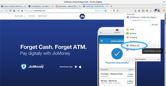 Jio Container in Firefox Multi account Container