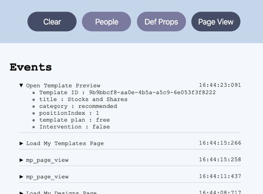 View of mixpanel dev tool