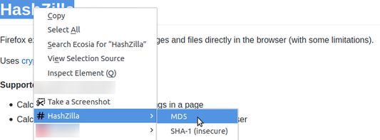 hash selected text context menu