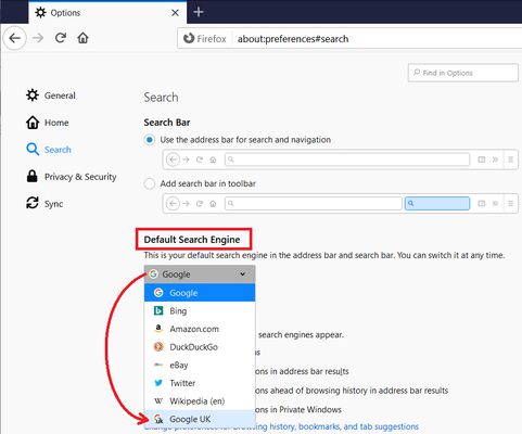 How to change your default search engine on the Options/Preferences page.