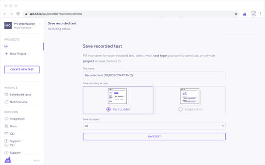Save recording in the k6.io cloud app