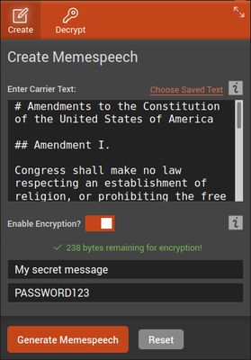 Paste some text into the extension, then add a secret message and an encryption password.