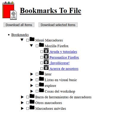Tree view generated with your bookmarks. You can download all your bookmarks or just those you select. The bookmarks will be converted into URL shortcut files, and added to a zip file.