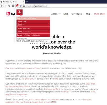 You can easily open a webpage or a PDF in Hypothes.is and generate various codes that you can insert into a note app, include in your webpage or send to your friends and colleagues.