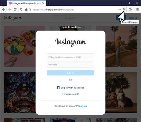 Instagram web page with a mouse cursor hovering over the icon of the add-on. Just click to defrost your user experience.