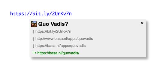 This example shows how all the links in a chain of URL redirections are shown. When you hover a link, a tooltip shows the entire URL. Right-click any of the links to copy the address.