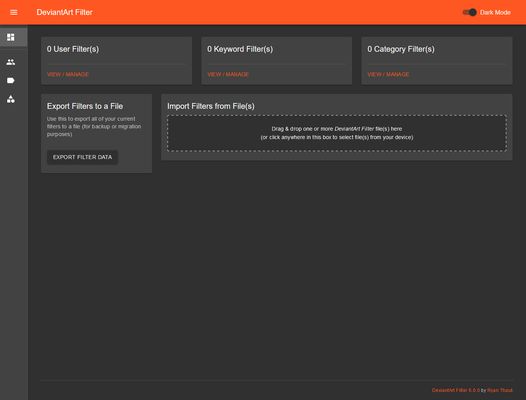 Screenshot of the DeviantArt Filter Dashboard (Using Dark Mode)
