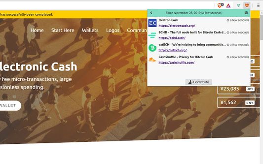 Extension's popup over bitcoincash.org