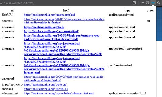 Relternate's table displayed on a page with many <link> tags.