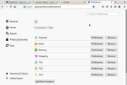 tabContainer create new temporary container (TC) for each new tab.