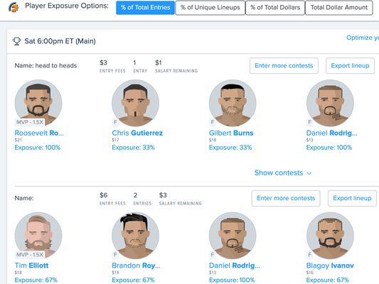 Filter player exposure calculations for your upcoming lineups. You can also name your lineups on the 