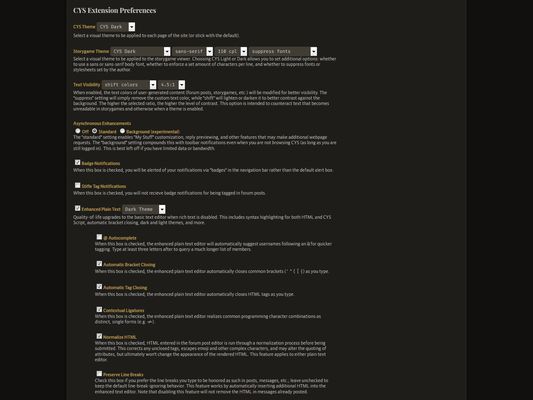 Preferences page, dark theme enabled