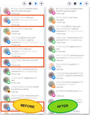Before & after comparison of the Facebook notifications popup