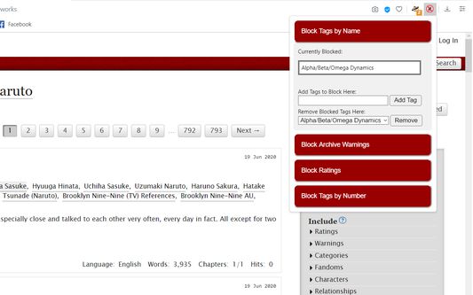 AO3 Tag Blocker interface, showing blocked text tags