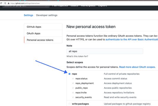 First generate a token on Github by visiting https://github.com/settings/tokens/new and check 