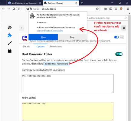 When you click Update Host Permissions, Firefox will prompt for all the new host names.