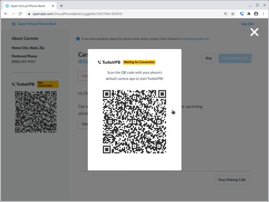 When you login to a Virtual Phone Bank, TurboVPB displays a QR code to scan with your phone.