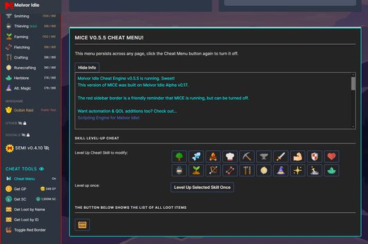 Cheat menu: level up skills and search loot names & IDs
Cheat sidebar: GP, SC, and loot cheats