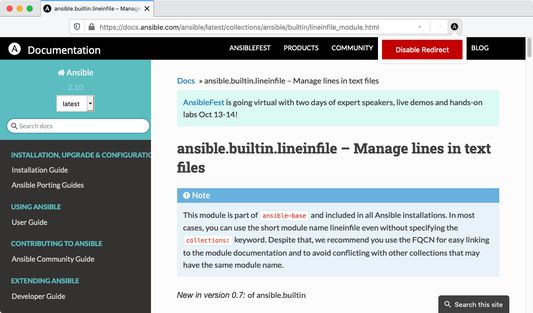 Screenshot of the Ansible lineinfile module page when loaded with the extension installed and enabled, redirected from the old URL